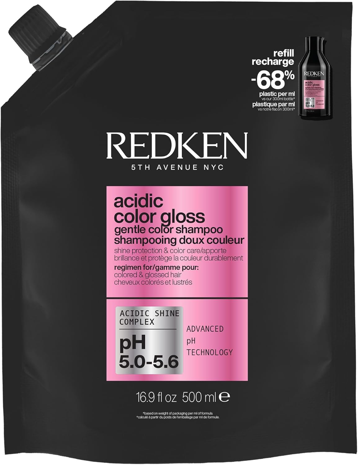 Redken Acidic Color Gloss Shampoo 500ml Refill Pouch on white background.