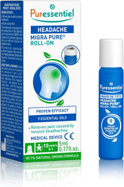 Puressentiel Headache Tension Roll-On bottle & box, 5ml, with essential oils label.