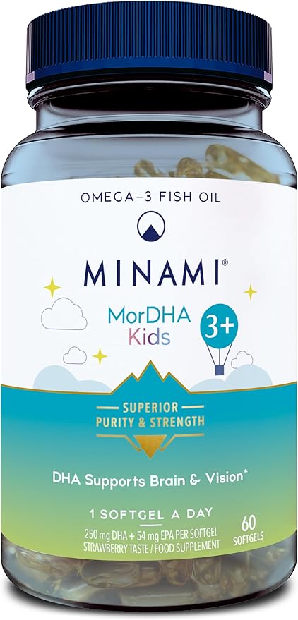 Minami MorDHA Kids 3+ strawberry flavored omega-3 softgels bottle, 60 count for children.