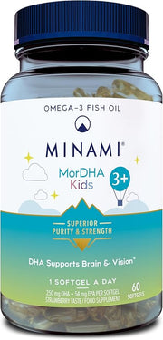 Minami MorDHA Kids 3+ strawberry flavored omega-3 softgels bottle, 60 count for children.