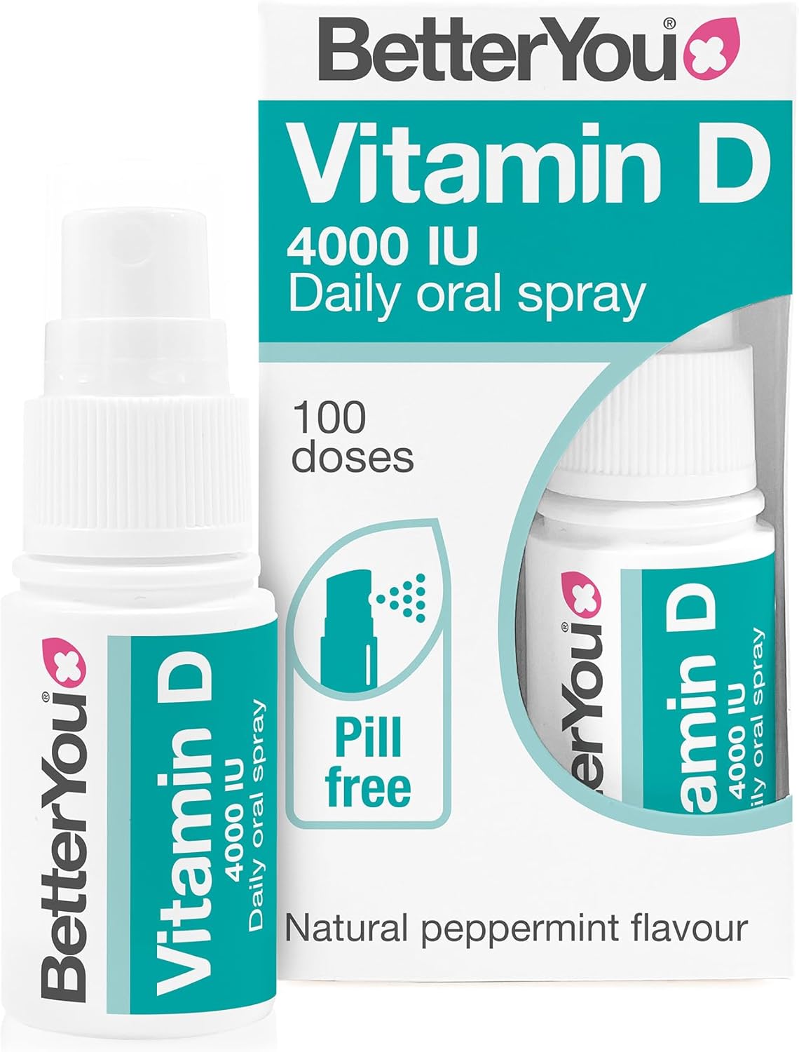 BetterYou Vitamin D3 4000 IU Oral Spray bottle & box, 15ml.