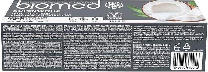  Ingredients list and information for BIOMED 97% Natural Superwhite Toothpaste.