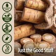 Wooden barrels with 'Just the Good Stuff' branding and certification logos on the left.