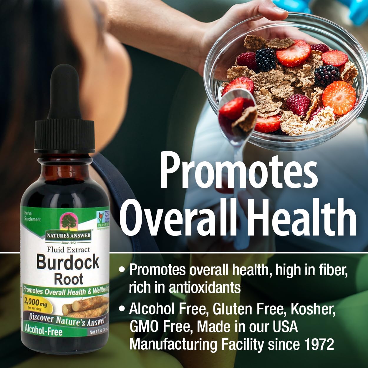 Bottle of Nature's Answer Burdock Root supplement with a bowl of cereal and berries in the background.