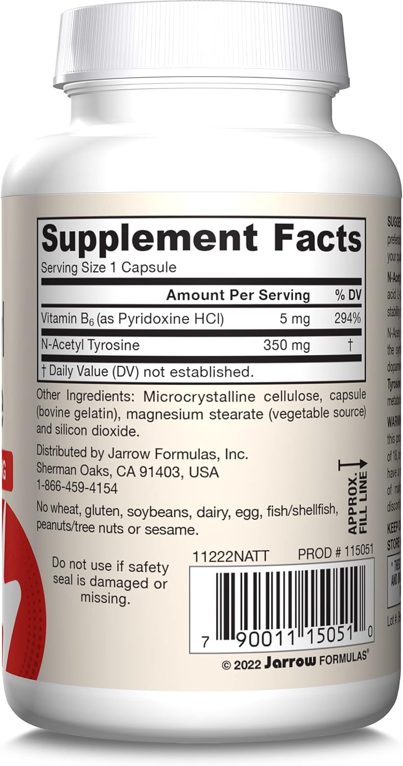 Jarrow Formulas N-Acetyl Tyrosine 350 mg Amino Acid Supplement – 120 Capsules Supplement Facts & barcode panel