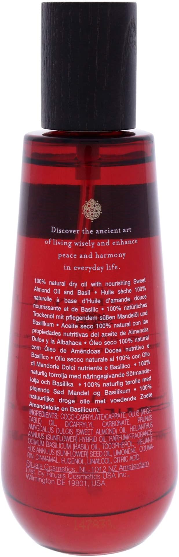 Back of Ritual of Ayurveda oil bottle showing ingredients.