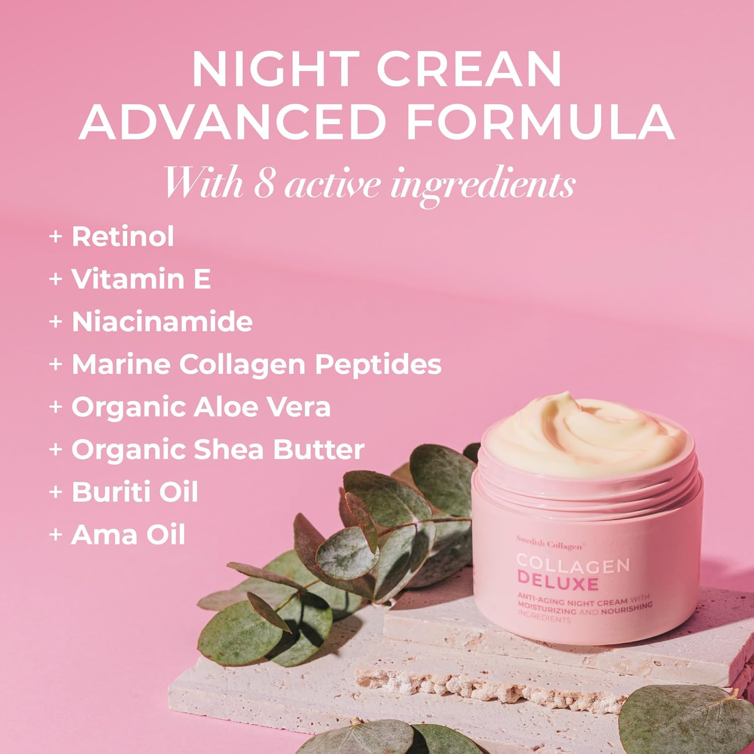 Collagen Deluxe night cream with ingredients listed on a pink background