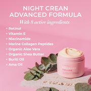 Collagen Deluxe night cream with ingredients listed on a pink background