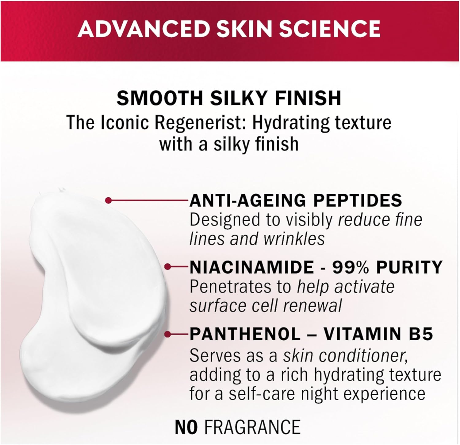 Olay Regenerist night cream showing ingredients & formulation..