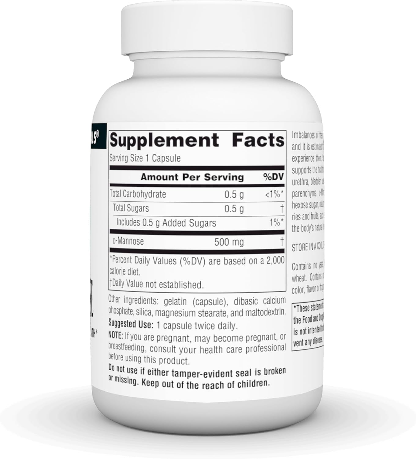 Supplement facts & ingredients image: Source Naturals D-Mannose 500mg capsules ingredient panel 60 count