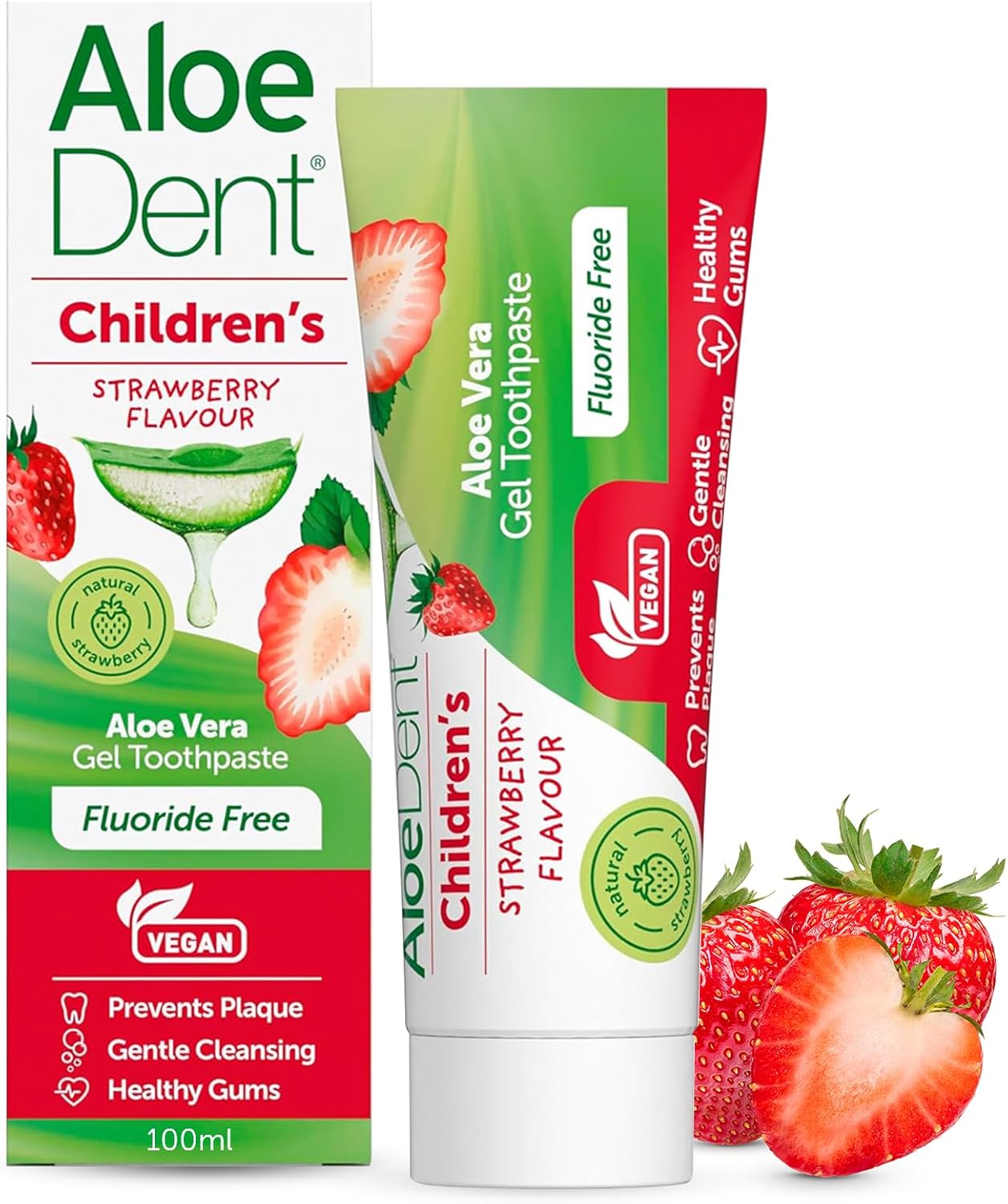 Front Image: Aloe Dent children's aloe vera toothpaste strawberry flavour 50ml tube & box