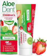 Front Image: Aloe Dent children's aloe vera toothpaste strawberry flavour 50ml tube & box