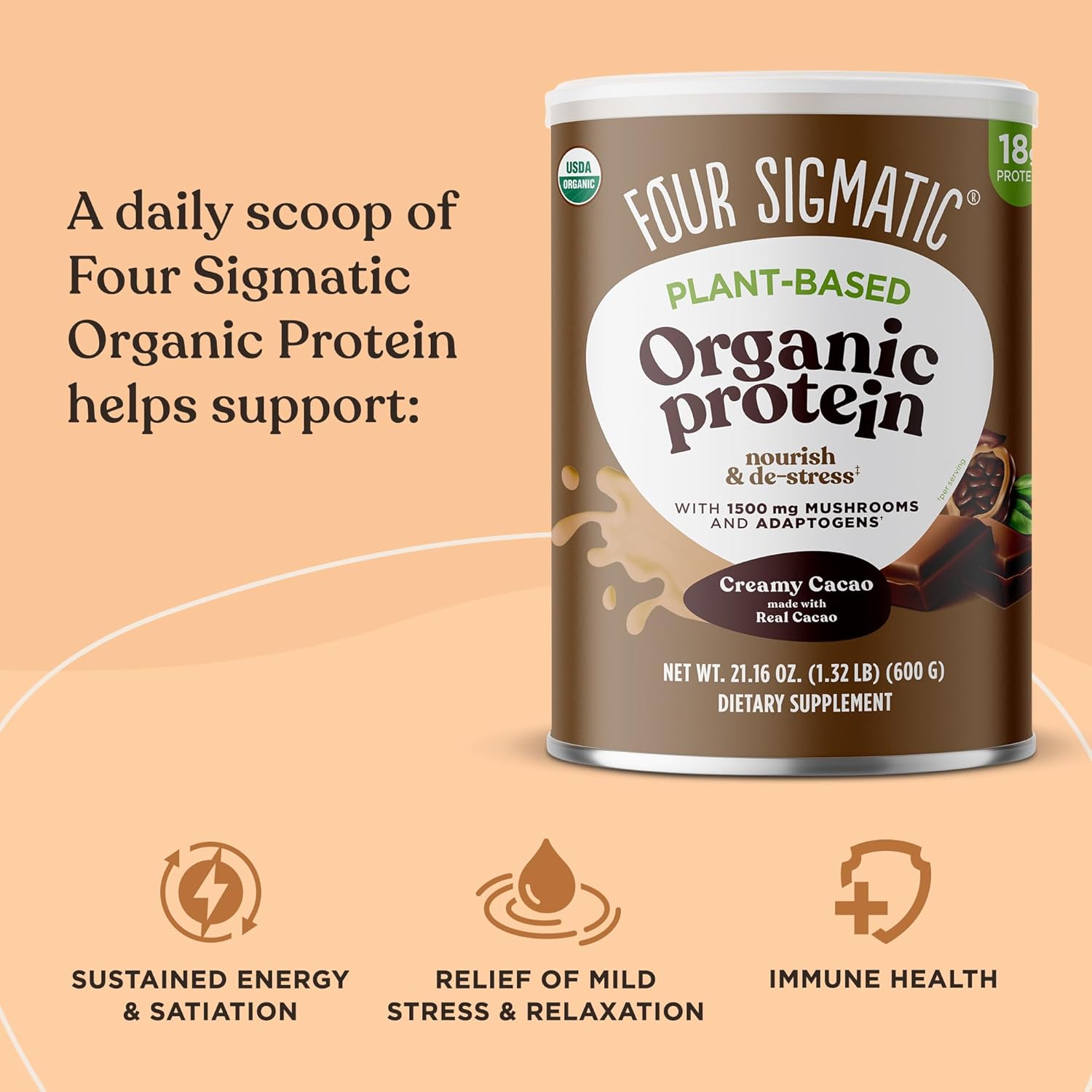 Four Sigmatic Plant-Based Organic Protein Powder, Creamy Cacao - 600g