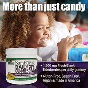 Child eating cereal with a Sambucus Daily Gummies container, emphasizing health benefits.
