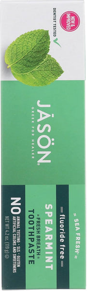 Jason Sea Fresh Spearmint Fresh Breath Toothpaste fluoride free side view box 119g