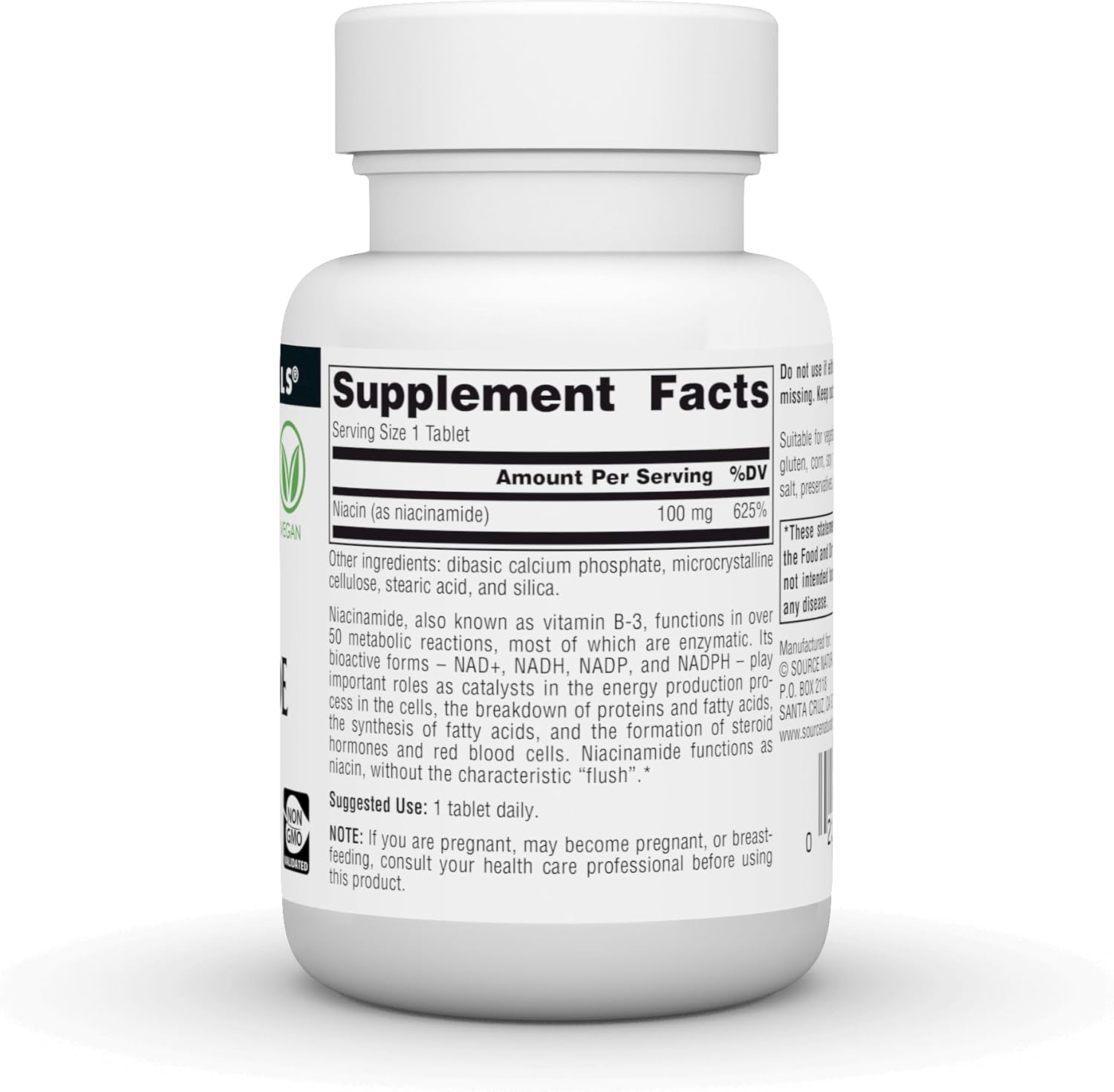 Supplement facts & ingredients image: Source Naturals Niacinamide vitamin B3 100mg tablets ingredient panel 100 count