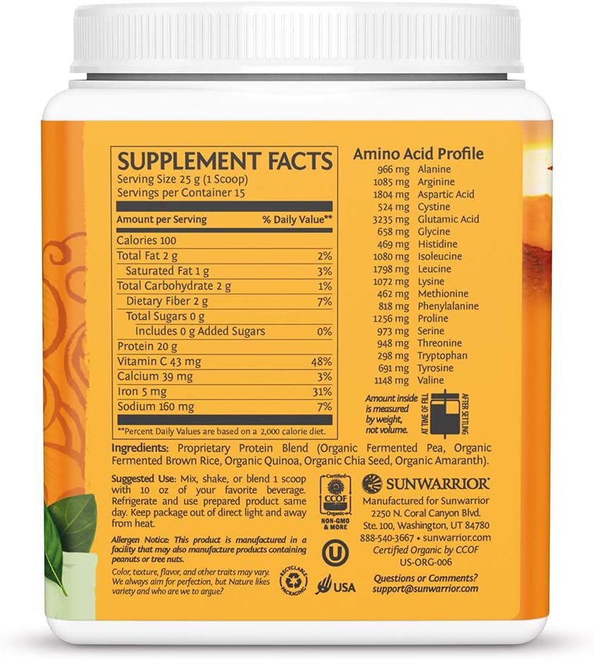 Back of Sunwarrior unflavoured protein powder showing organic certification.