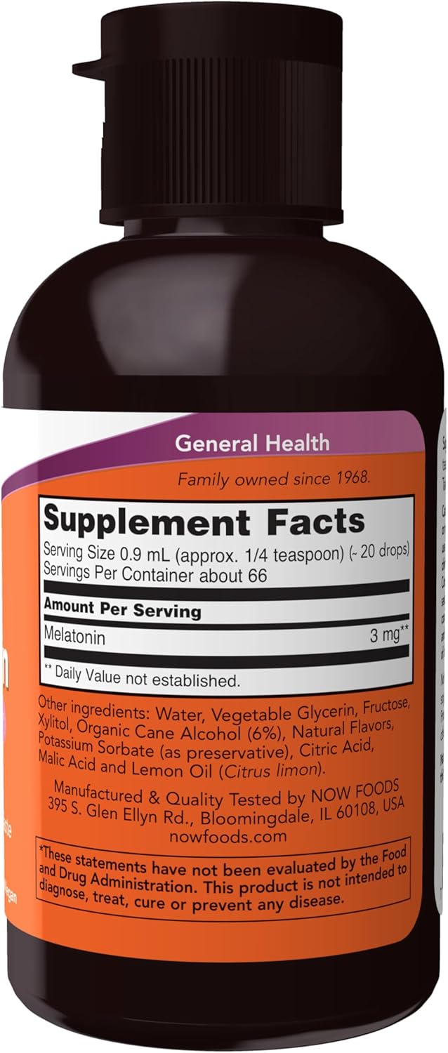 Supplement facts panel and directions for NOW Liquid Melatonin.