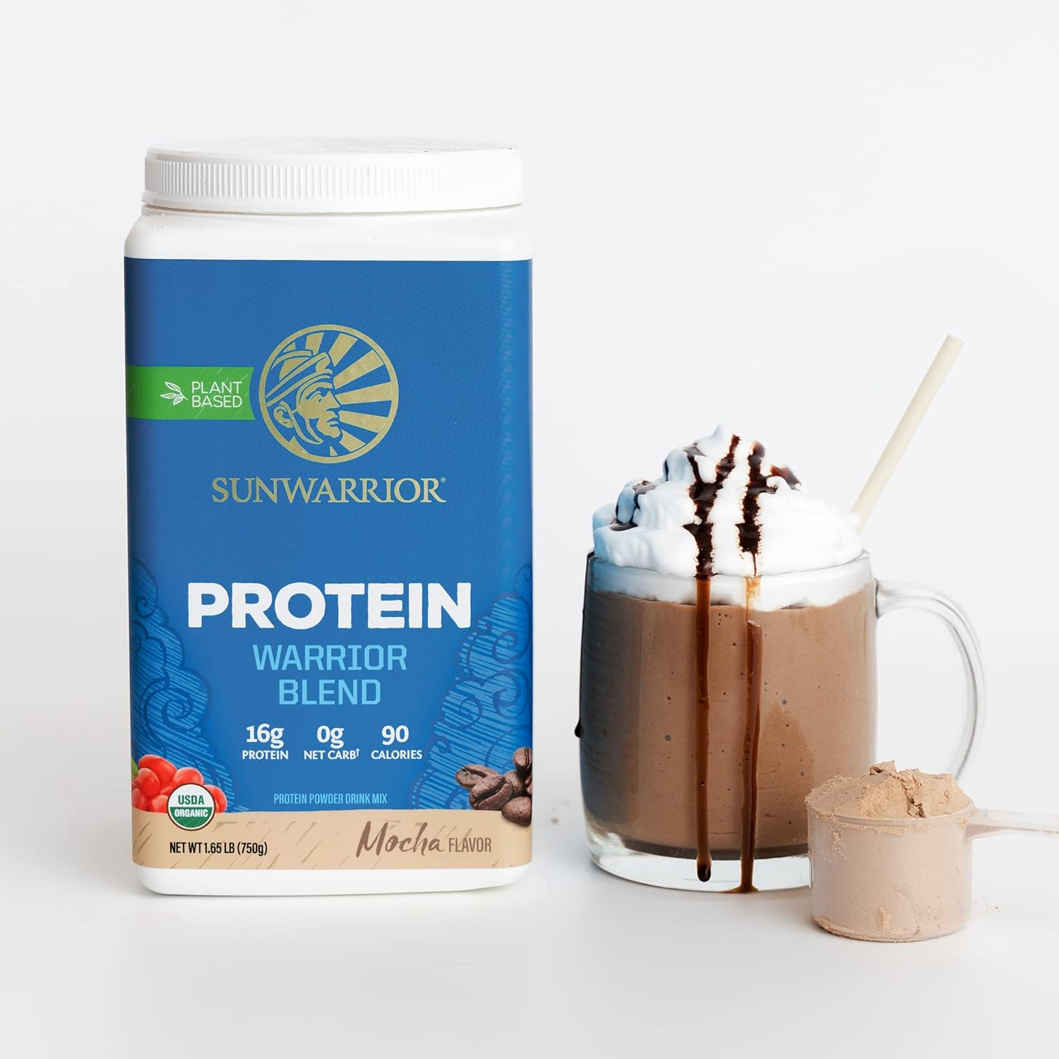 Mocha protein powder being mixed into a morning coffee or shake.