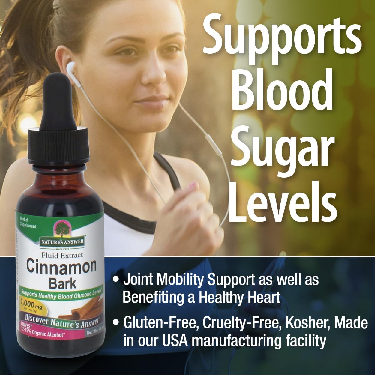 Bottle of Natures Answer Cinnamon Bark fluid extract with a woman exercising in the background, text about product benefits.