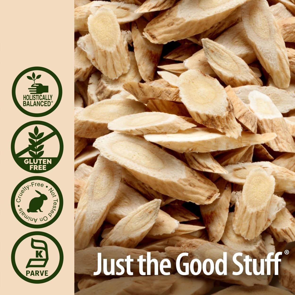 Dried sliced ginger with 'Just the Good Stuff' branding and certification icons on a beige background
