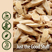 Dried sliced ginger with 'Just the Good Stuff' branding and certification icons on a beige background