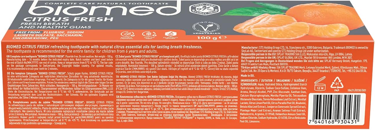  Ingredients and information panel for BIOMED 97% Natural Toothpaste.