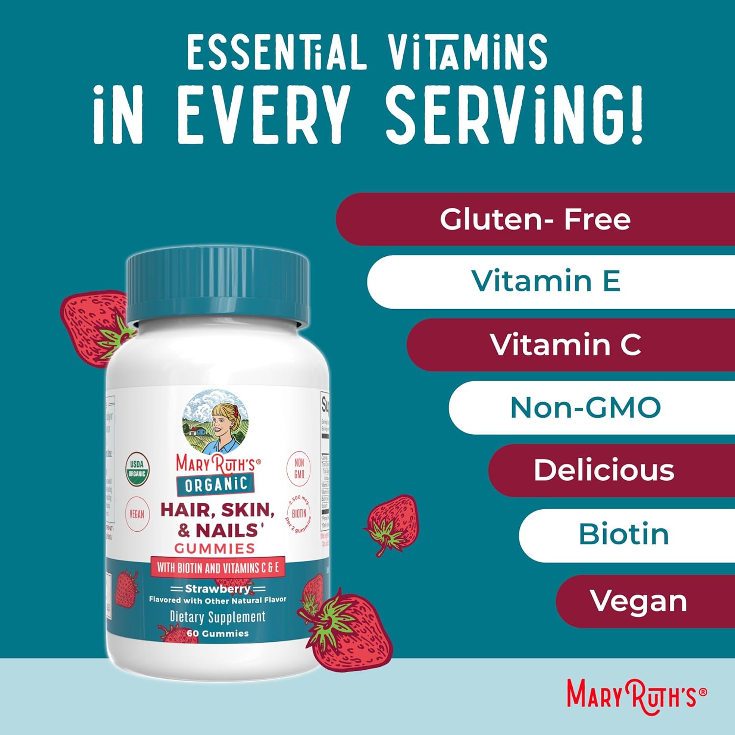 MaryRuth’s Organic Hair Skin Nails Vegan Gummies - 60 Count