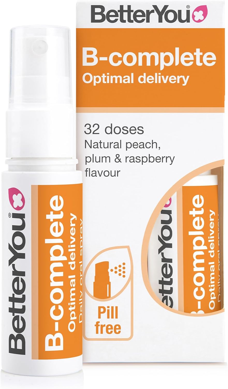 BetterYou B-Complete Oral Spray bottle & box, Peach Plum Raspberry, 15ml.