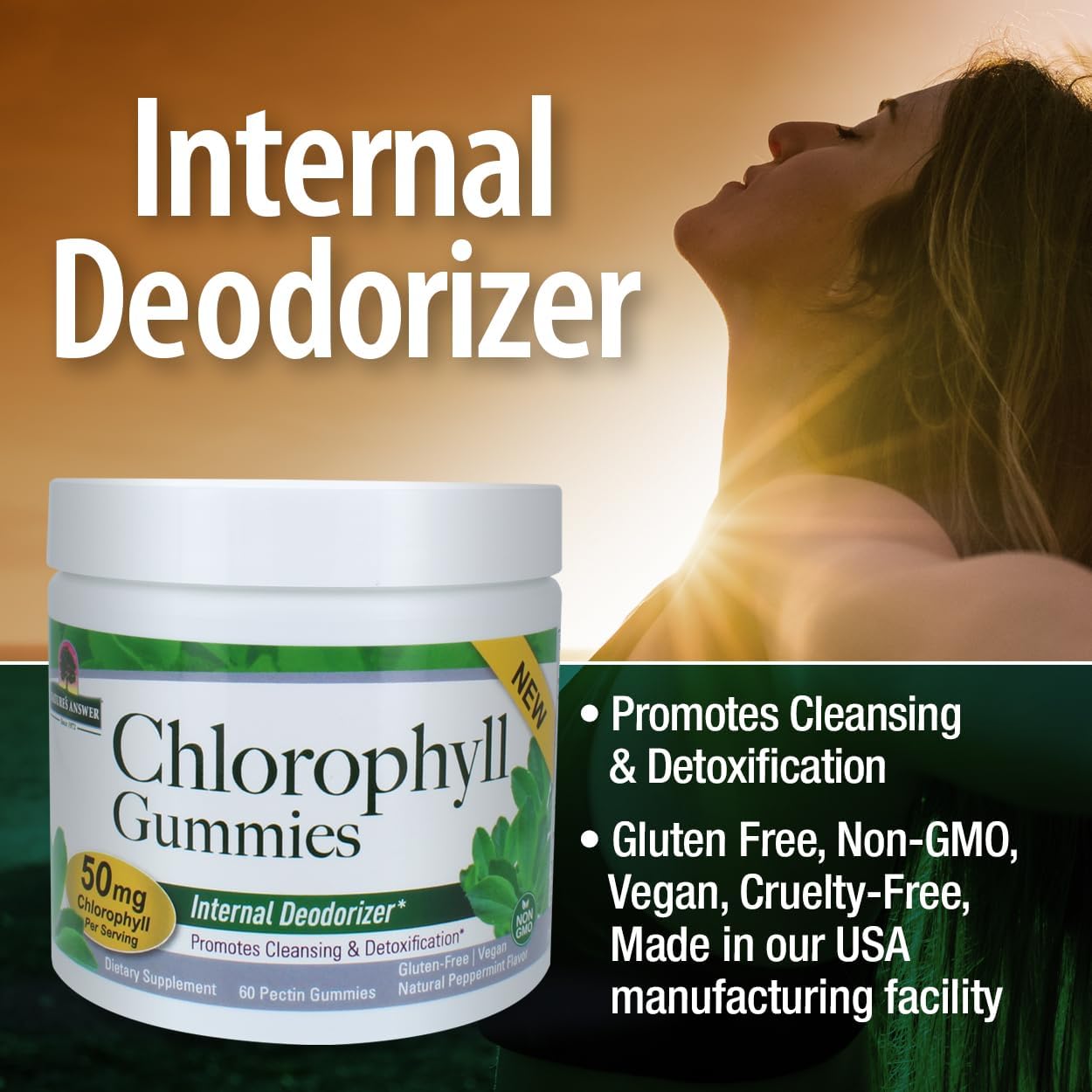 Chlorophyll Gummies supplement container with a woman and text about internal detoxification.