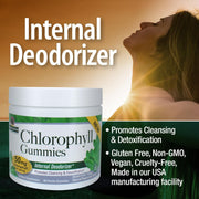 Chlorophyll Gummies supplement container with a woman and text about internal detoxification.