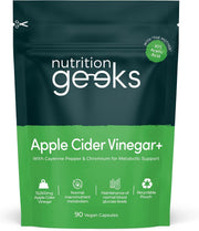 Nutrition Geeks Apple Cider Vinegar+ 15000mg, vegan food supplement capsule packaging, no flavour, 90 capsules