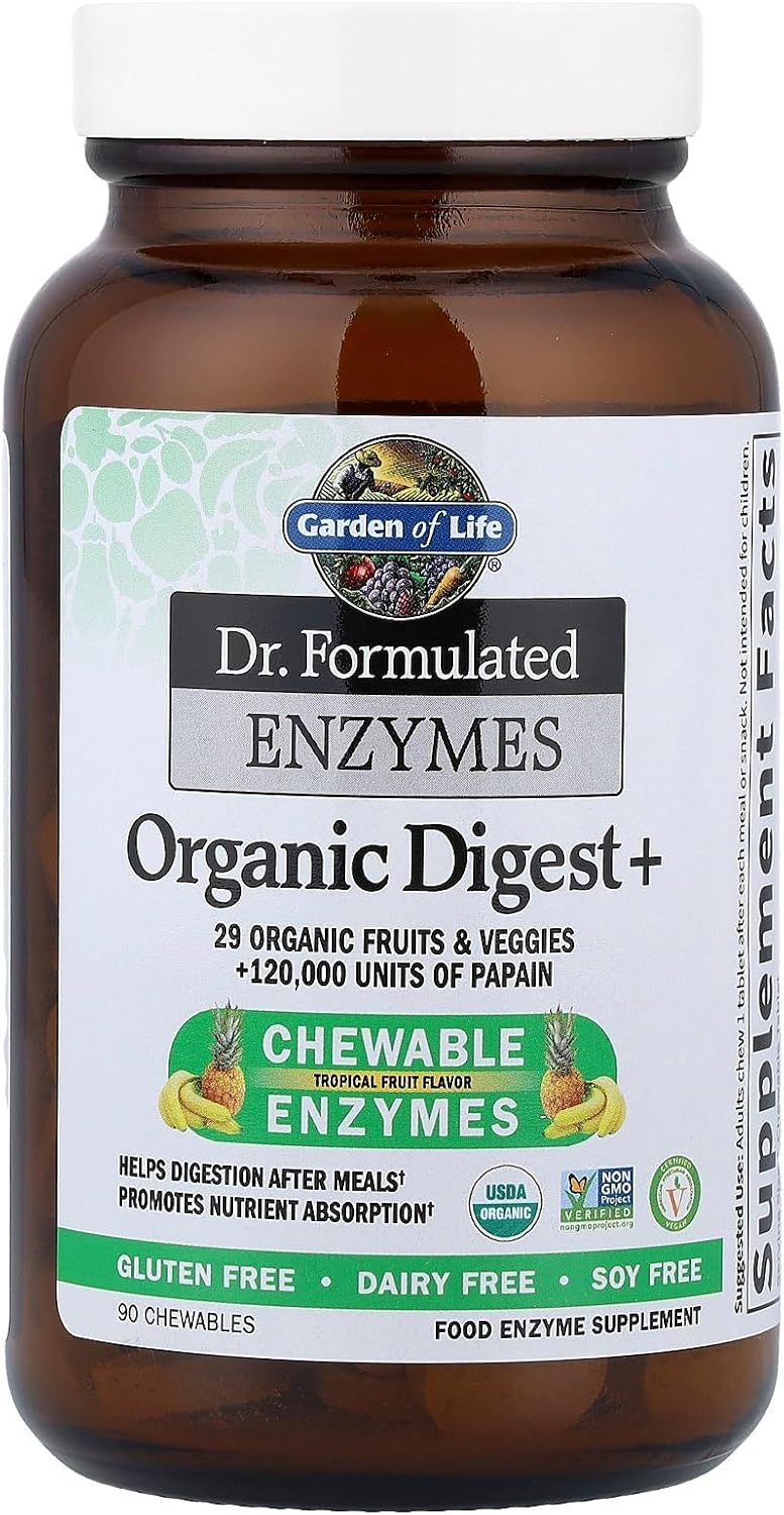 Garden of Life Dr. Formulated Organic Digest+ bottle, 90 chewable tablets.