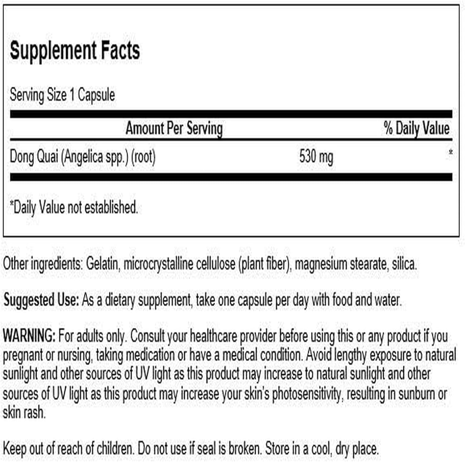 Supplement facts label for Dong Quai with serving size, amount per serving, and other details.