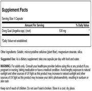 Supplement facts label for Dong Quai with serving size, amount per serving, and other details.