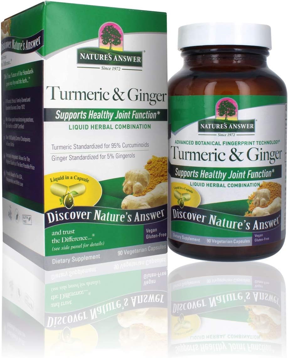 Nature's Answer Turmeric and Ginger Vegan Capsules 90 count herbal supplement front bottle & box label