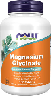 White bottle of NOW Magnesium Glycinate 180 Tablets on a clean white background.