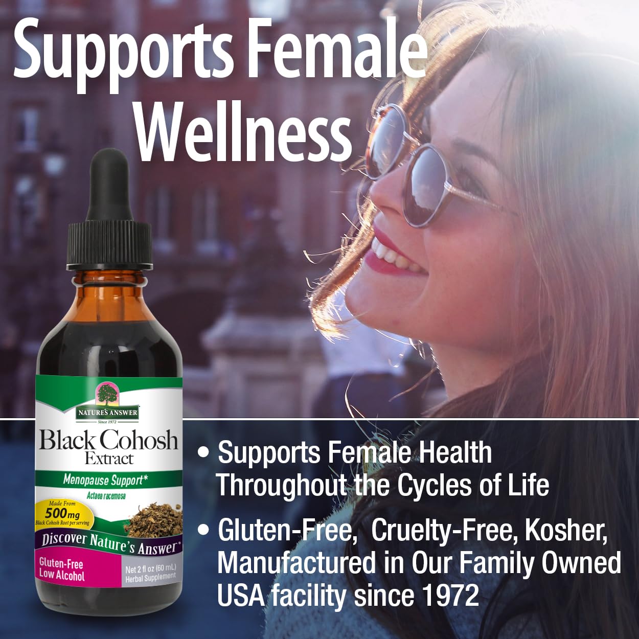 Nature's Answer Black Cohosh Extract bottle with a blurred background of a woman outdoors.
