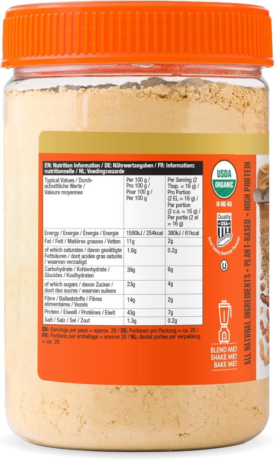 Supplement facts & ingredients image: PBfit Organic Peanut Butter Powder ingredients organic peanut flour coconut sugar 425g tub