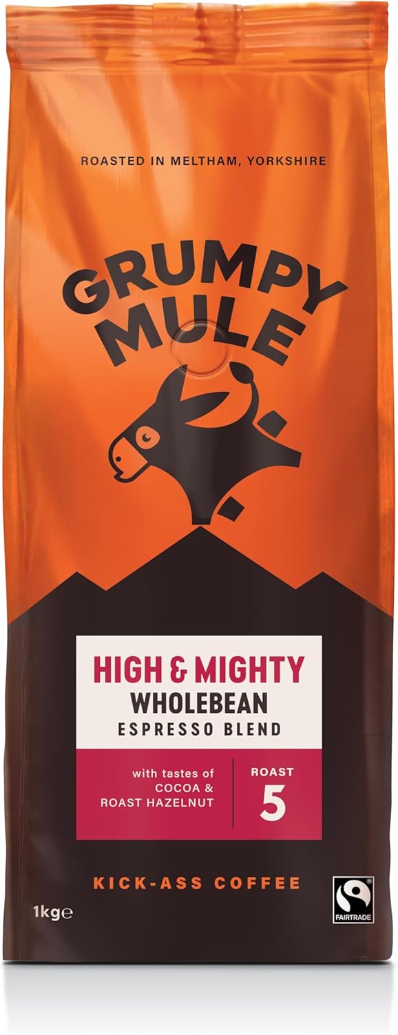 Grumpy Mule High and Mighty Whole Bean Espresso Coffee 1kg front packaging on white background