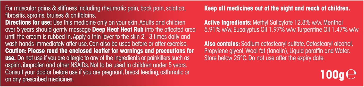 Back of Deep Heat Rub tube showing active ingredients and warnings.