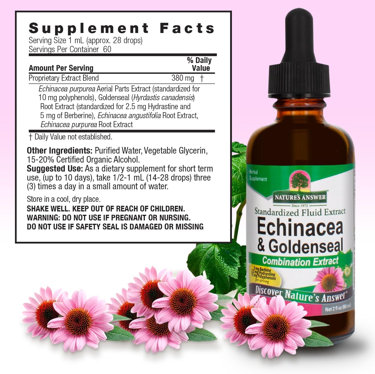 Nature’s Answer Echinacea Goldenseal supplement facts 60ml back label on a white background