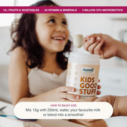 How to enjoy Kids Good Stuff powder into a child's cup with milk.