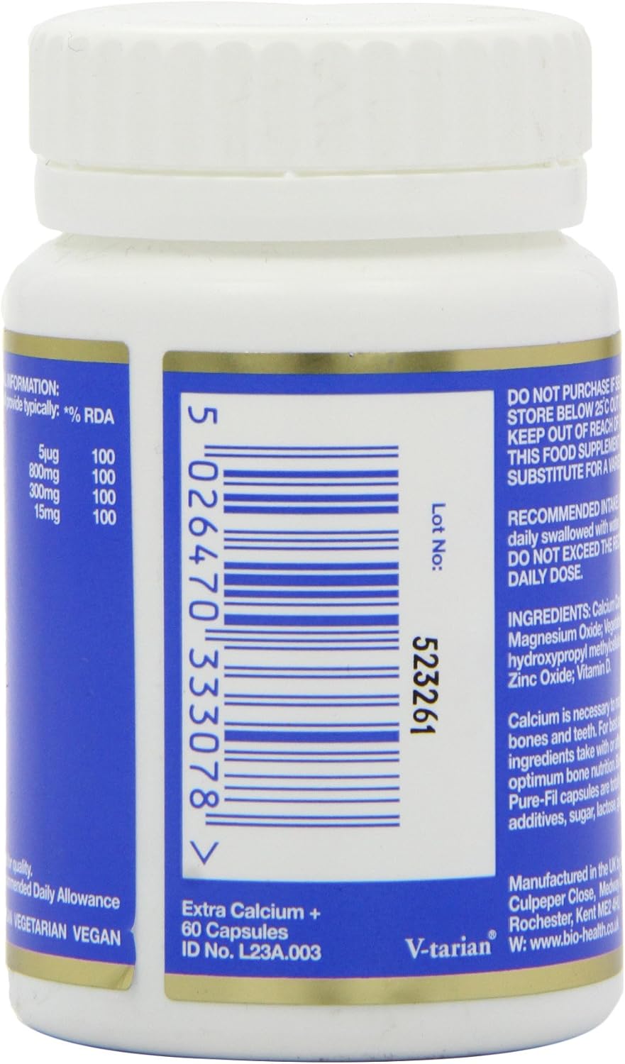 Bio-Health Extra Calcium+ capsules bottle barcode 60 capsules