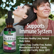 Bottle of Natures Answer Pau D'Arco with a couple embracing outdoors, text highlighting product benefits.