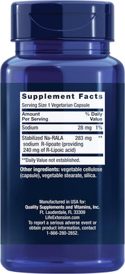 Supplement facts for Life Extension Super R-Lipoic Acid showing stabilized Na-RALA ingredient.