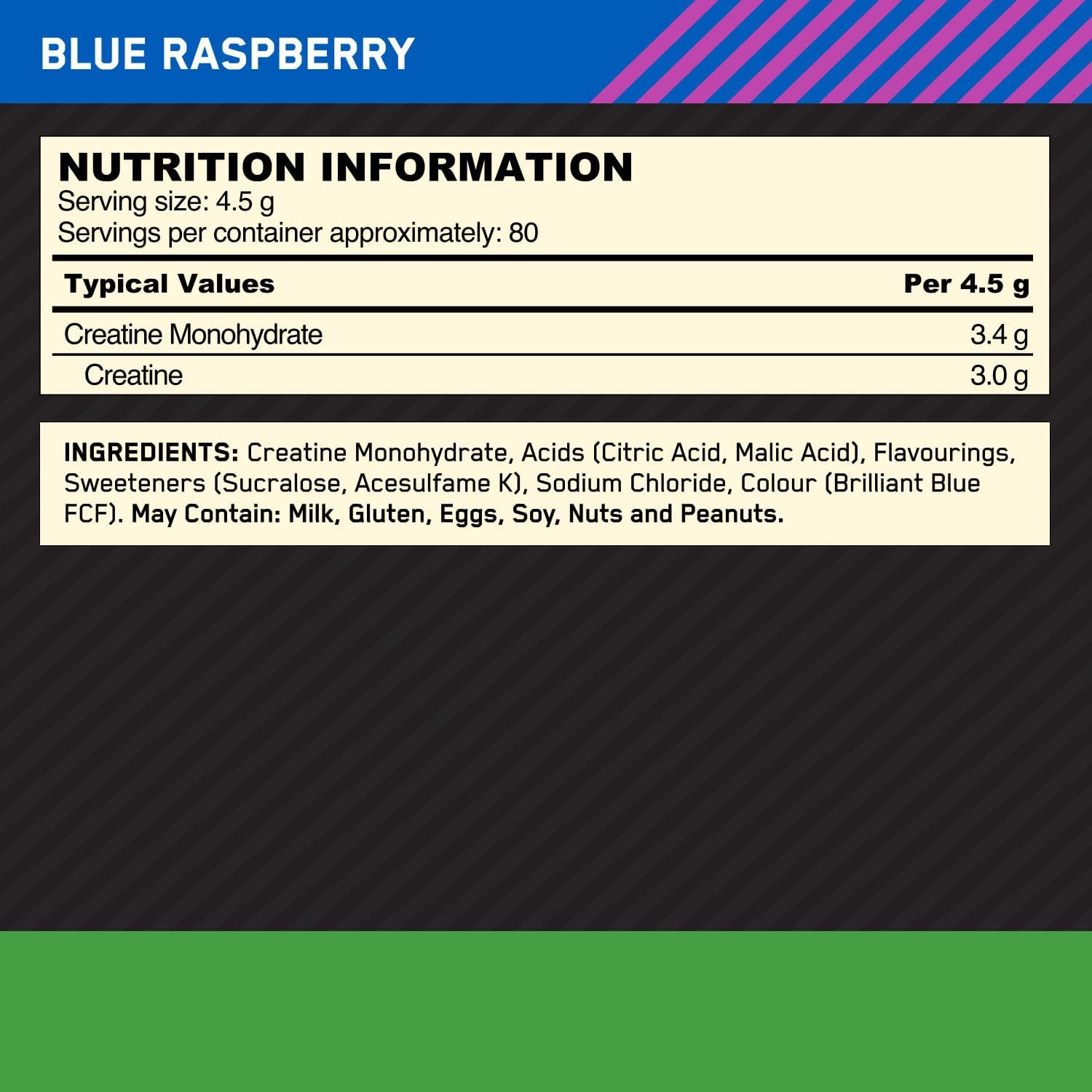 Nutrition information label for blue raspberry product with black and green background