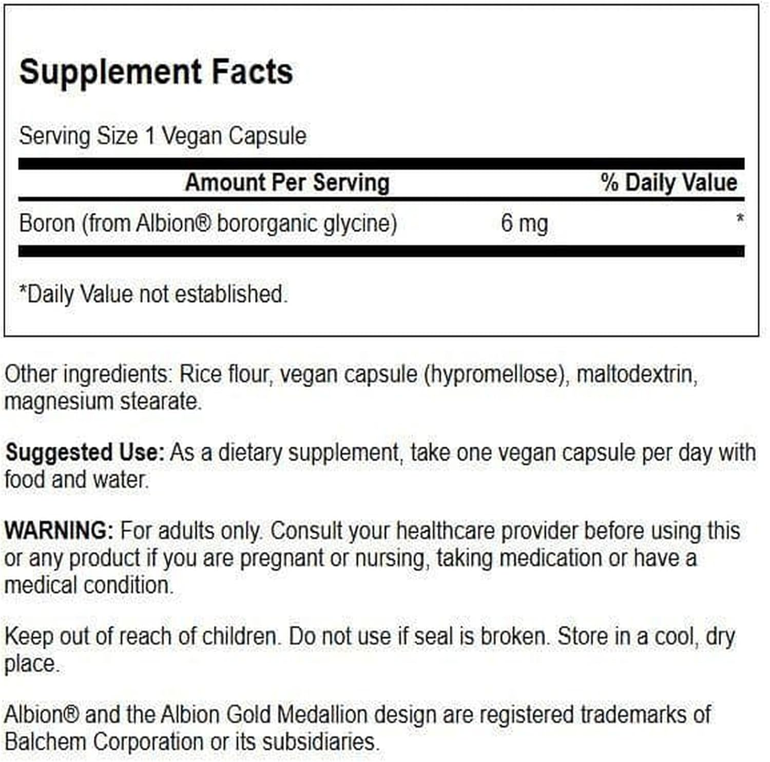 Swanson Albion Boron | Bororganic Glycine | Bone Health Support | 6 mg per Capsule | 60 Vegan Capsules