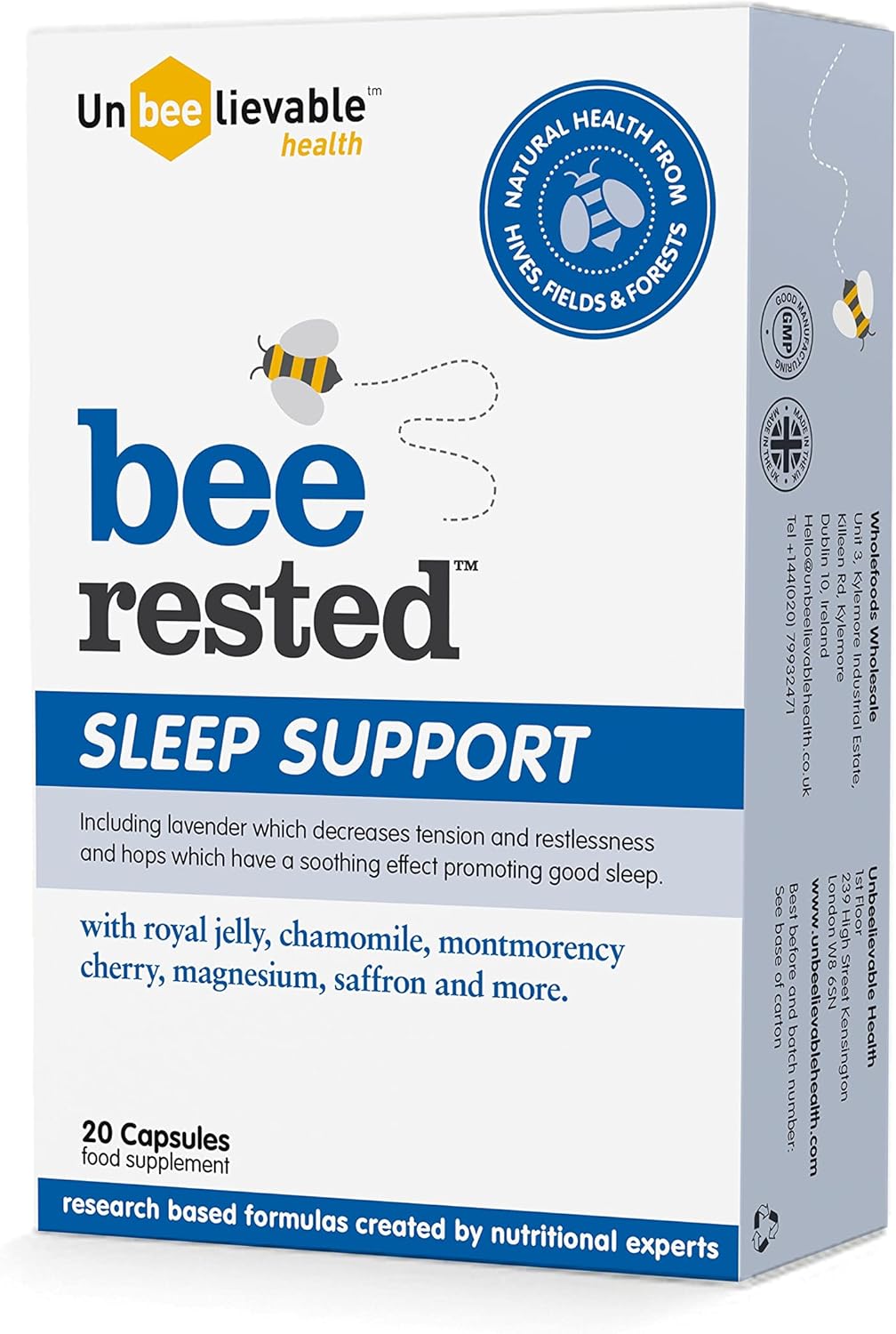 Unbeelievable Health Bee Rested nighttime relaxation supplement bottle, 20 capsules.