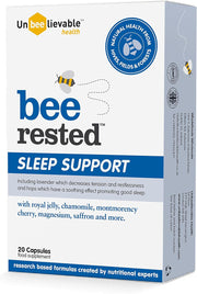 Unbeelievable Health Bee Rested nighttime relaxation supplement bottle, 20 capsules.